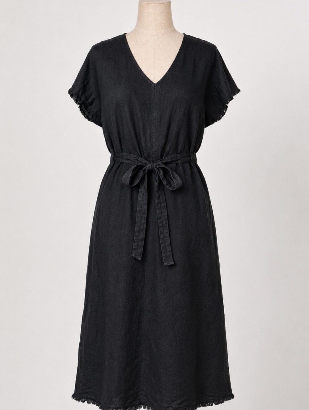 Velvet Heart Black Linen V-Neck Belted Midi Dress Size Small - Picture 2 of 7